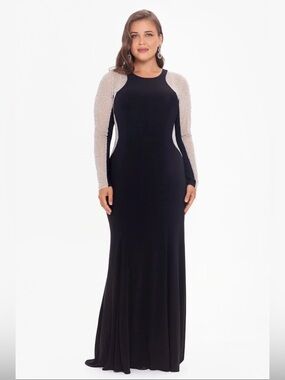 XSCAPE Black Beaded Long Sleeve Gown Size 18W | Elegant Glam Formal Maxi